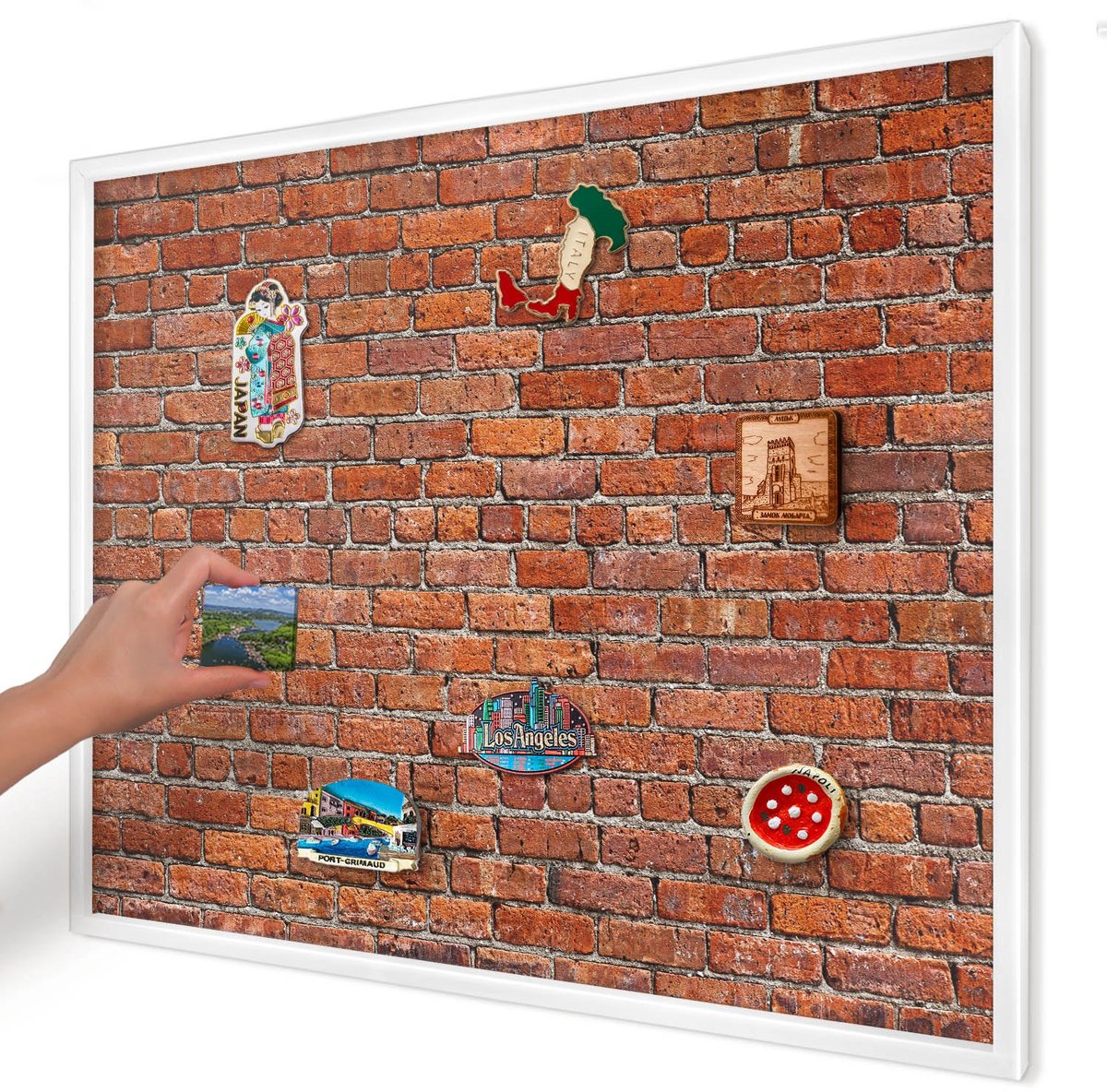 Artprintcave Bruin Magneetbord mit Witte Lijst - 80x60 cm - Baksteenmotief Magneetbord Voor Foto's - Industrieel/Loft Memobord Keuken - Texturen