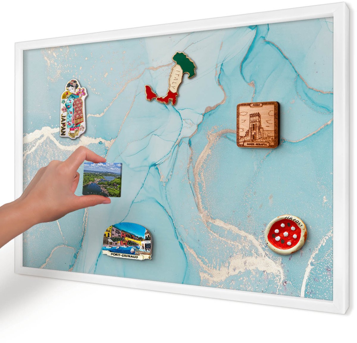 Artprintcave Turkoois Magneetbord mit Witte Lijst - 60x40 cm - Turquoise Elegantie Magneet Bord mit Frame - Abstract Memobord Keuken - Abstractie