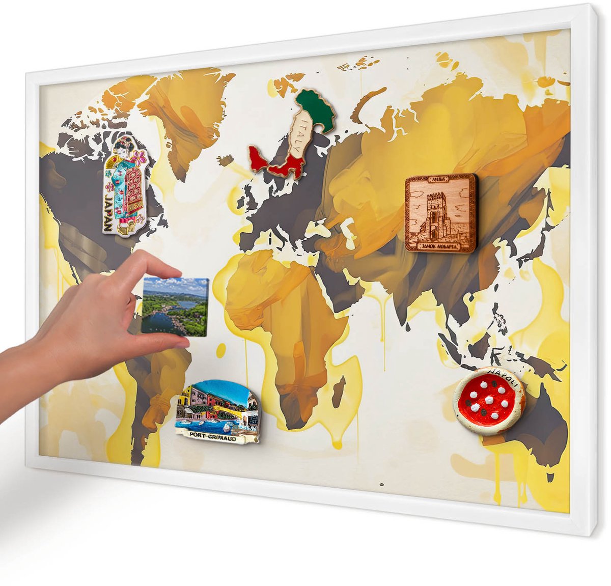 Artprintcave Geel Magneetbord mit Witte Lijst - 60x40 cm - Wereldkaart Bord Voor Magneten - Abstract Notitiebord - Kaarten