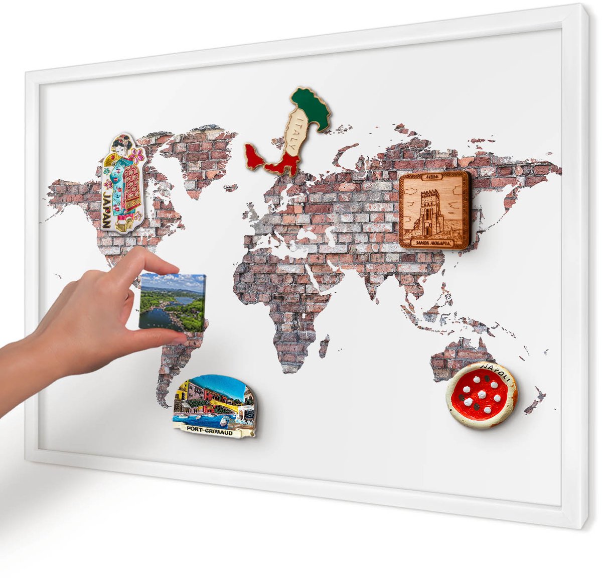 Artprintcave Wit Magneetbord mit Witte Lijst - 60x40 cm - Baksteenwereld Magneet Bord mit Frame - Industrieel/Loft Magneetbord Voor Keuken - Kaarten