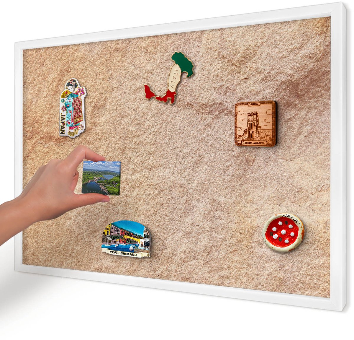 Artprintcave Bruin Magneetbord mit Witte Lijst - 60x40 cm - Steenstructuur Magneetbord Voor Foto's - Rustiek Magnetische Organizer - Texturen