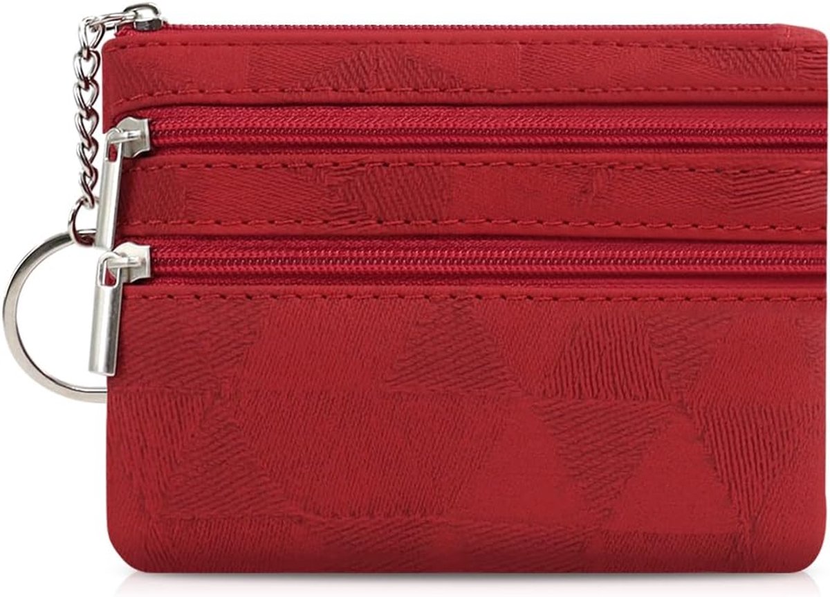 SnelShoppen - Vrouwelijke Kleine Faux Leren Portemonnee met Sleutelhanger en 2-Laags Ritscompartiment, Mini Muntentas voor Sleutels, Lippenstift, Rood
