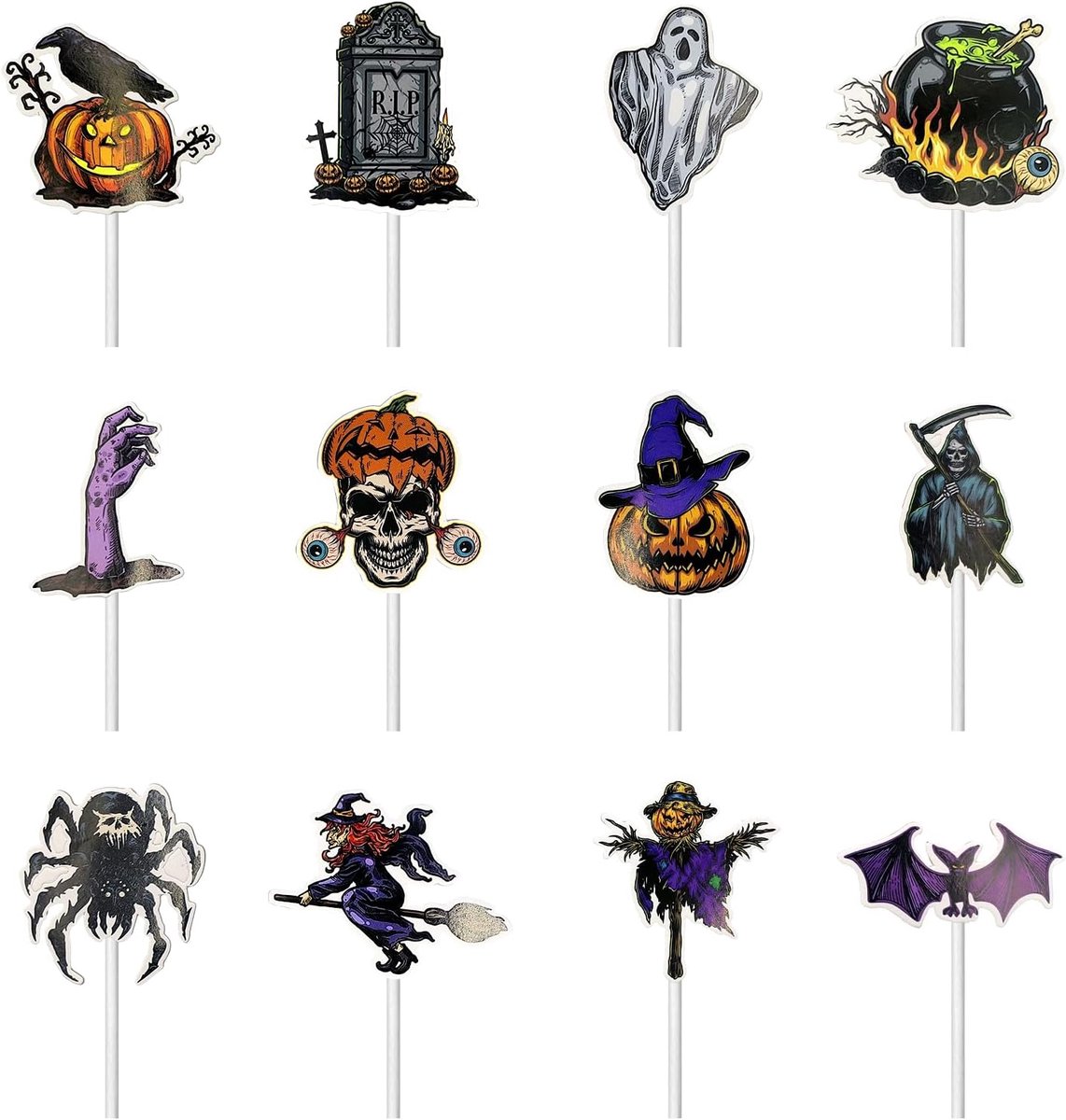 SnelShoppen - 36 Stuks Halloween Cupcake Toppers Set - Heksen, Schedels & Schrikfiguren - Voedselveilige Decoratie voor Muffins, Taarten & Feestjes -