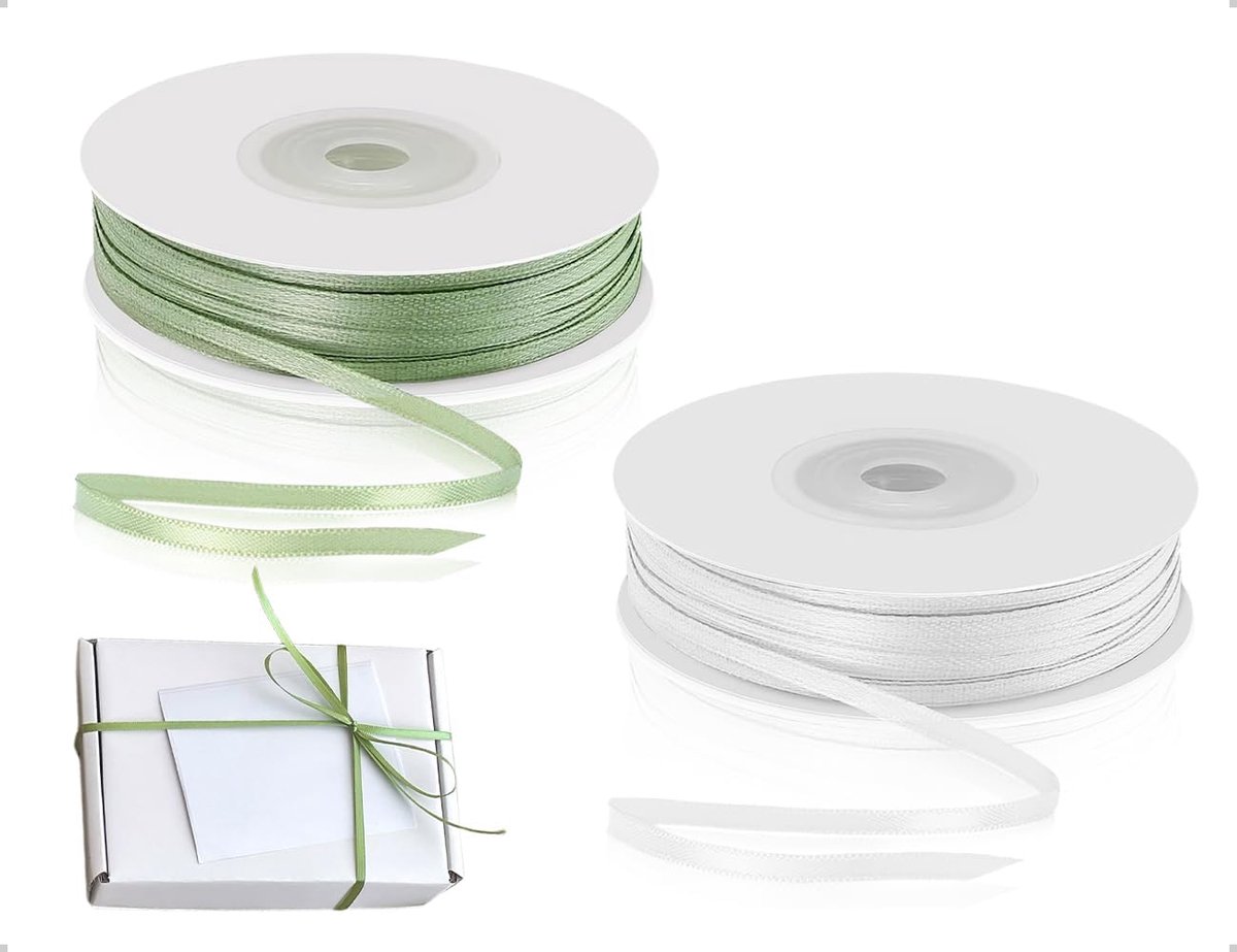 SnelShoppen - Eucalyptus Dubbelzijdig Satijnen Lint (91m) voor Creatieve Knutselprojecten, Bruiloften, Feestdecoraties en Labels (Groen & Wit)