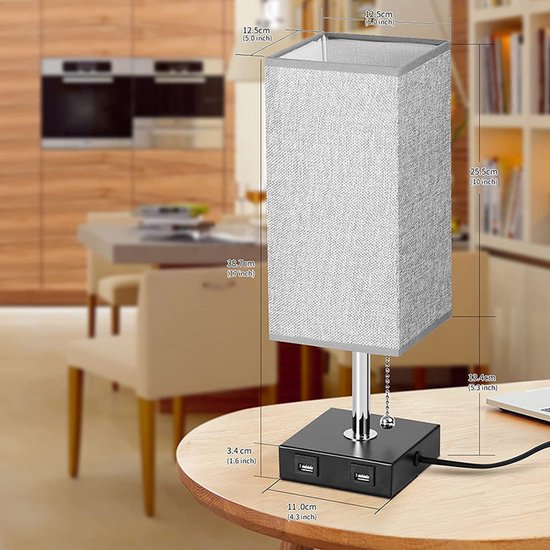 Slaapkamerlamp - Nachtlampje - Leeslamp - Vierkante grijze stoffen nachtlamp - Met twee USB-oplaadpoorten - Geschikt voor slaapkamers, kantoren, logeerkamers en kinderkamers - Grijs — afbeelding 2