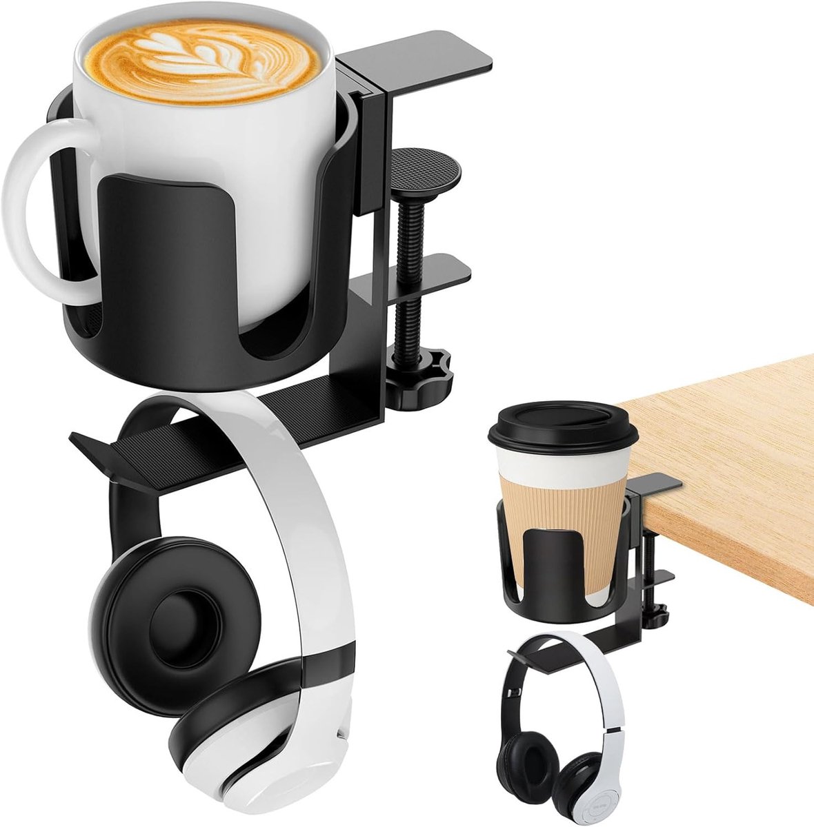 SnelShoppen - 2-in-1 Tafel Bekershouder en Hoofdtelefoonhouder, Bureau Cup Holder, Desk Organizer, Anti-Spillage, Duurzaam ABS en Aluminium, Multifunc
