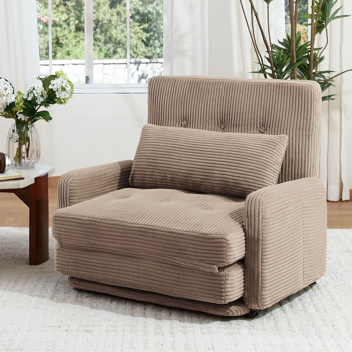 HomeMiYN Vloerbank – Khaki – Chenille Vouwbank Slaapbank – Opvouwbare Sofa Bed 2-in-1 – Draagvermogen 227 kg – Met Kussens – Modulaire Grond Bank – Voor Woonkamer & Slaapkamer
