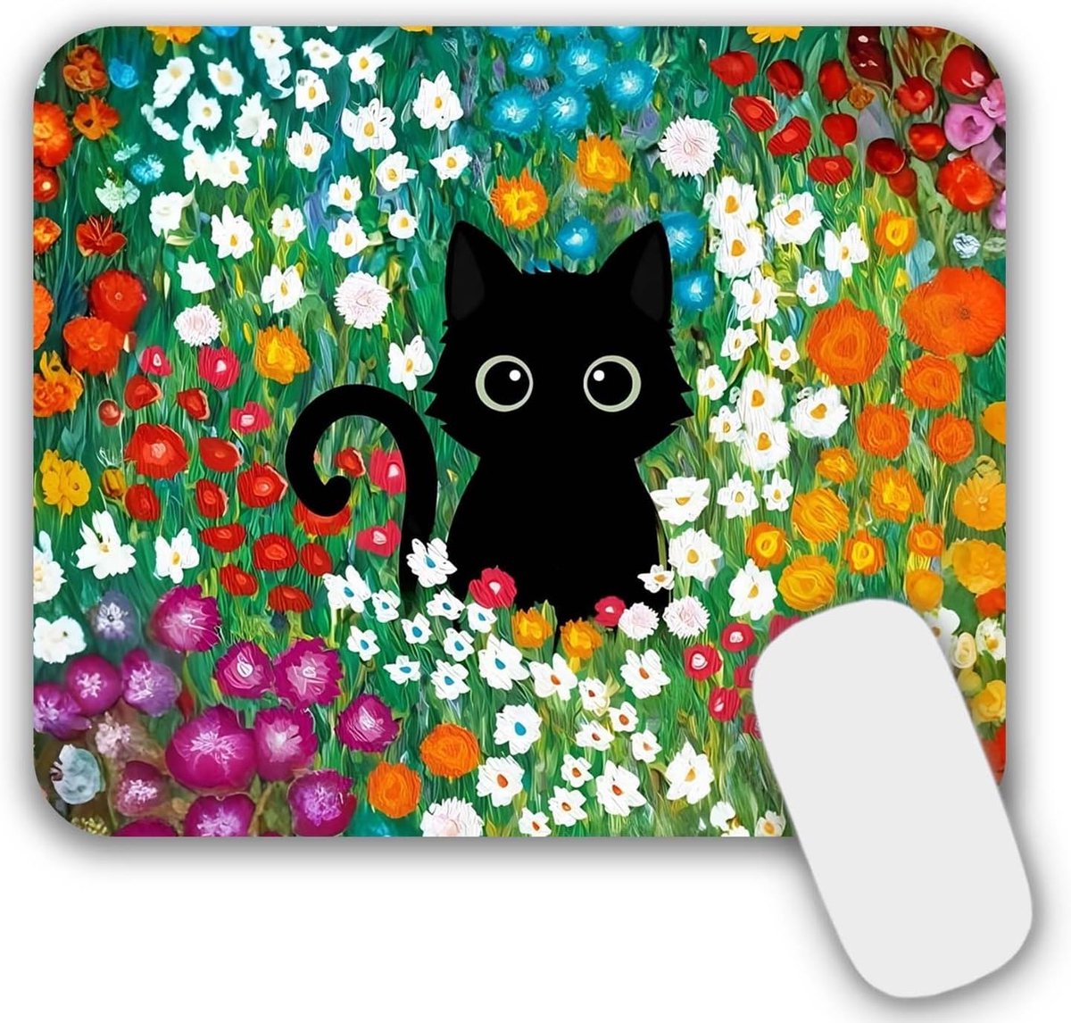 SnelShoppen - Kleine Muismat Katten en Bloemen 24x20cm, Ultra Glad Lycra, Antislip Onderzijde, Wasbaar, Ideaal voor Gaming en Kantoor