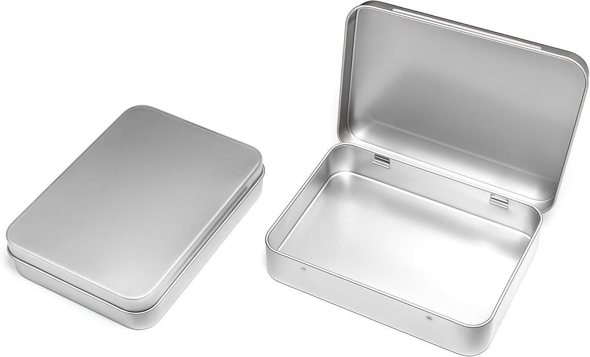 SnelShoppen - Metaaldozen met Scharnierdeksel (11,5 x 8,5 x 2,2 cm) – Rechthoekige Miniopbergbox voor Kleine Spullen, Blik met Deksel, Minibox (Zilver