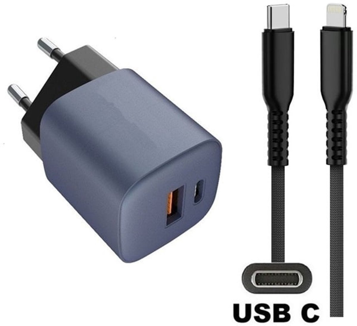 OneOne 33W super snellader met 2 poorten en screenprotector van glas voor iPhone 12 + 1,5m sterke USB C naar Lightning kabel. GaN lader. PD PPS oplader adapter. Glazen screenprotector past op Apple iPhone 12