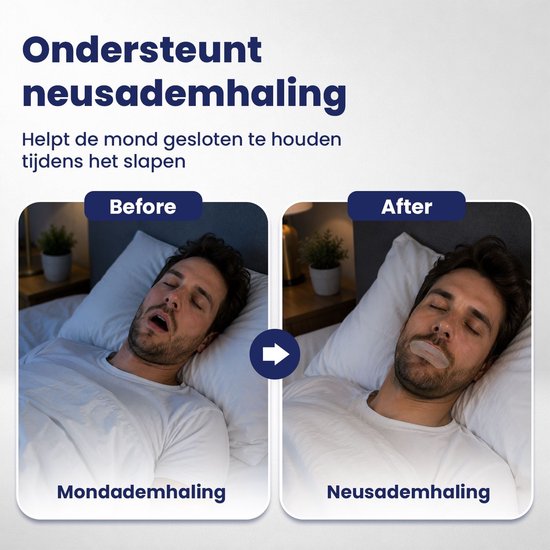 Voor en na foto van man die slaapt. Voor: mondademhaling. Na: neusademhaling met mondtape.