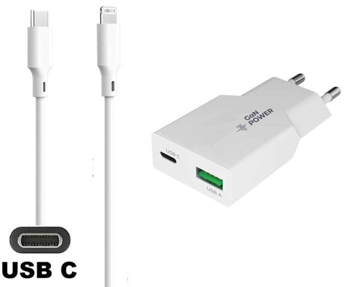 36W super snellader met 2 poorten en screenprotector + 1,5m USB C naar Lightning kabel. PD PPS lader. GaN oplader adapter. Glazen screenprotector past op Apple iPhone 13 Pro Max & iPhone 14 Plus