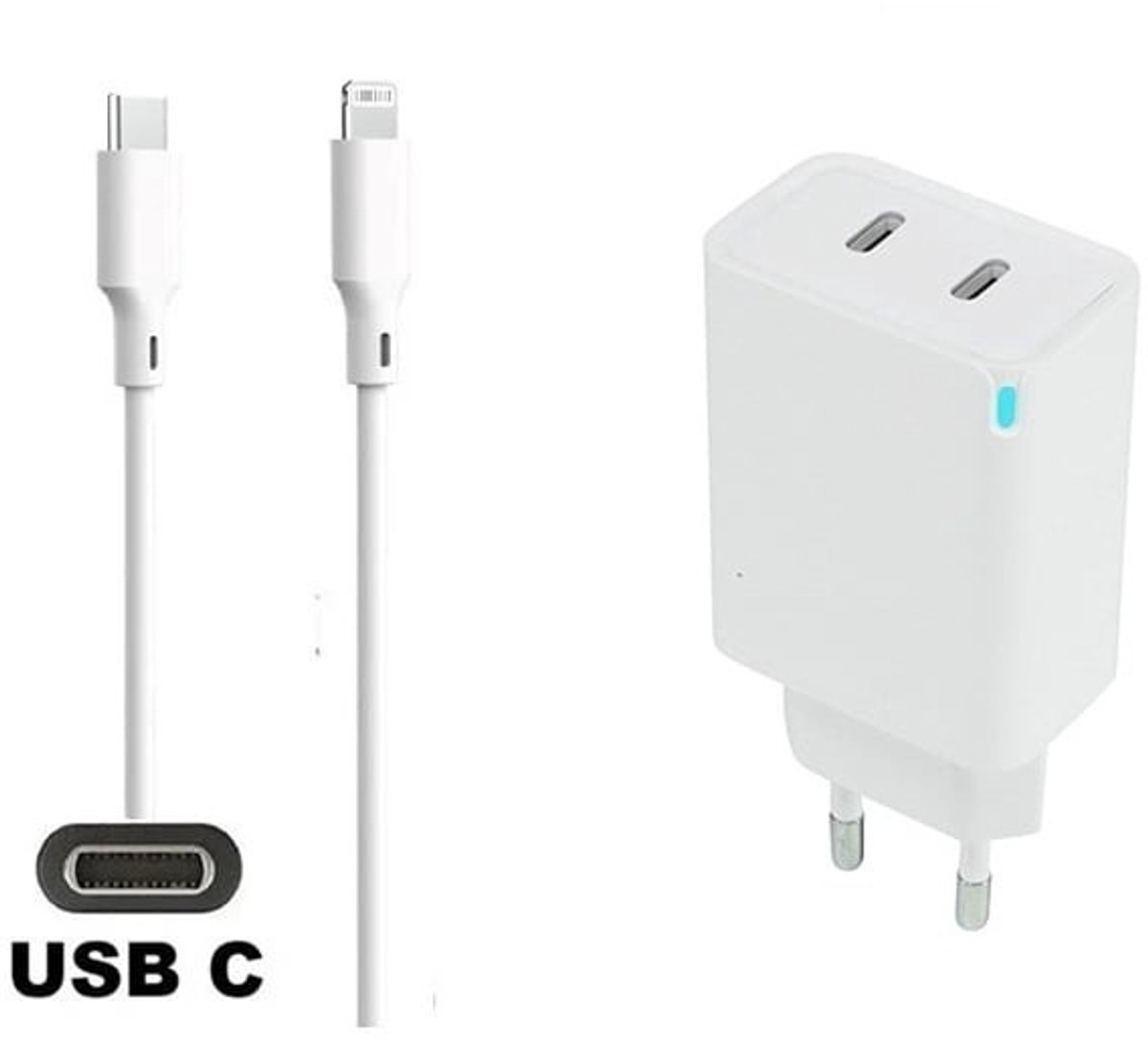 45W super snellader met 2 poorten en screenprotector USB C - USB C + 1,2m USB C naar Lightning kabel. Witte PD PPS lader. Universele oplader adapter. Glazen screenprotector past op Apple iPhone 13 Pro Max & iPhone 14 Plus