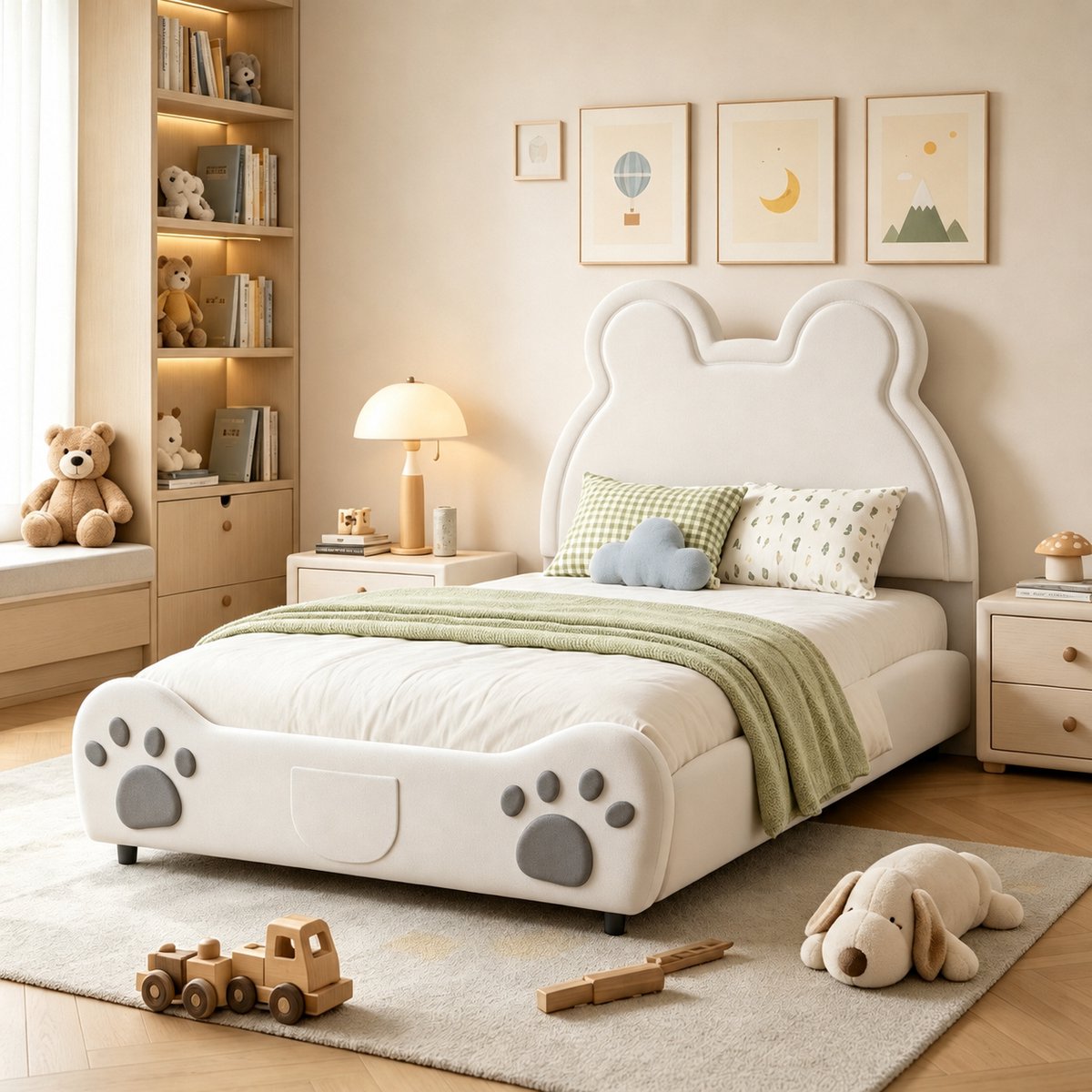 Kinderbed 140x200 cm - Tweepersoonsbed 140x200 cm - Vloerbed - Hoofdbord met berenmotief - Zacht en comfortabel - Fluweelstof - Eenvoudig te monteren - voor Jongens en Meisjes - Wit