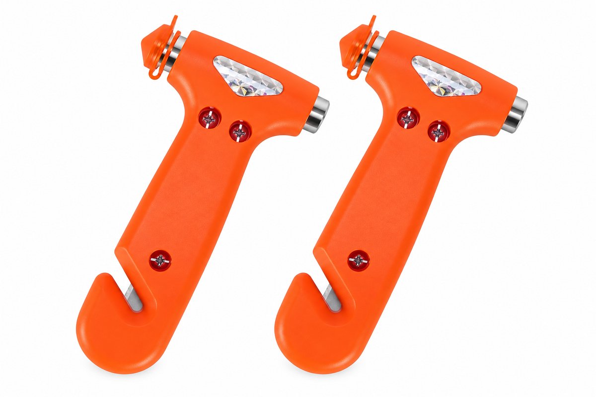Autoruitbreker – Gordelsnijder – Ruitbreektool – Noodhamer voor autoruiten – 2-in-1 veiligheidshamer voor de auto – Set van 2 – Oranje