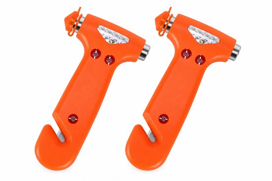 Twee oranje auto noodhamers met geslepen accenten en een geïntegreerde snijder.