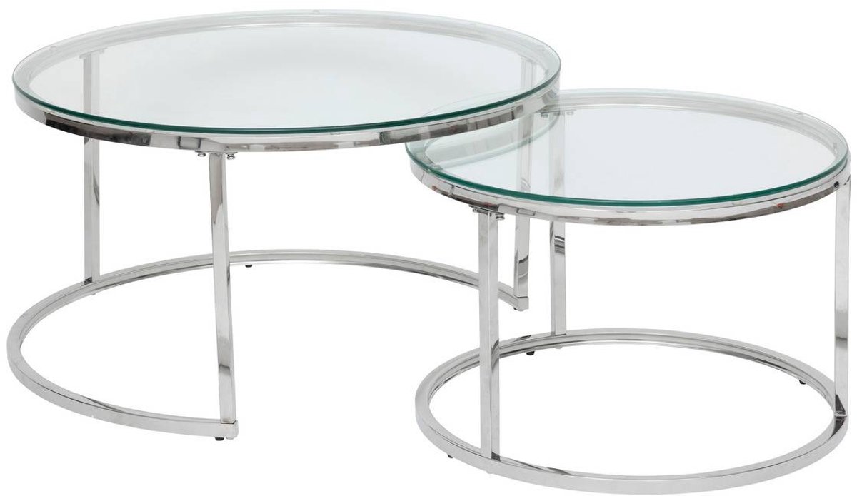 Set van 2 in elkaar schuifbare tafels van gehard glas en verchroomd roestvrij staal KNEO