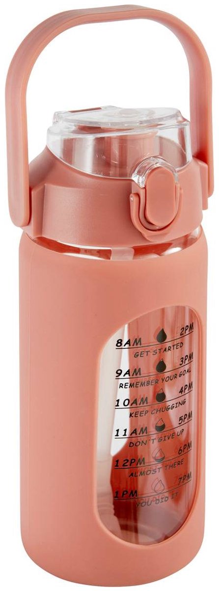 Glazen en siliconen fles met rietje en hoesje 1L