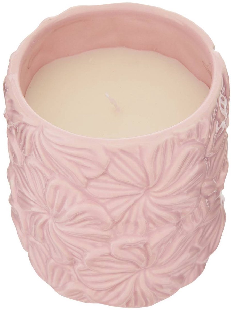 Geurkaars in keramische pot met reliëf FLEUR DE ROSE