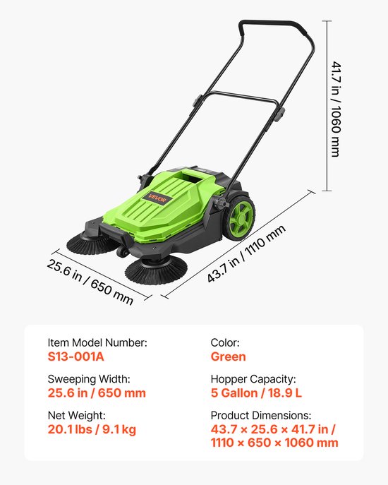 VEVOR Handveegmachine, Handveegmachine met een Werkbreedte van 650 mm, een Opvangbak van 18,9 Liter en een Verstelbare, Inklapbare Handgreep, Vloerreinigingsmachine voor Erven, Looppaden, Terrassen en Garages - Groen van VEVOR — afbeelding 2