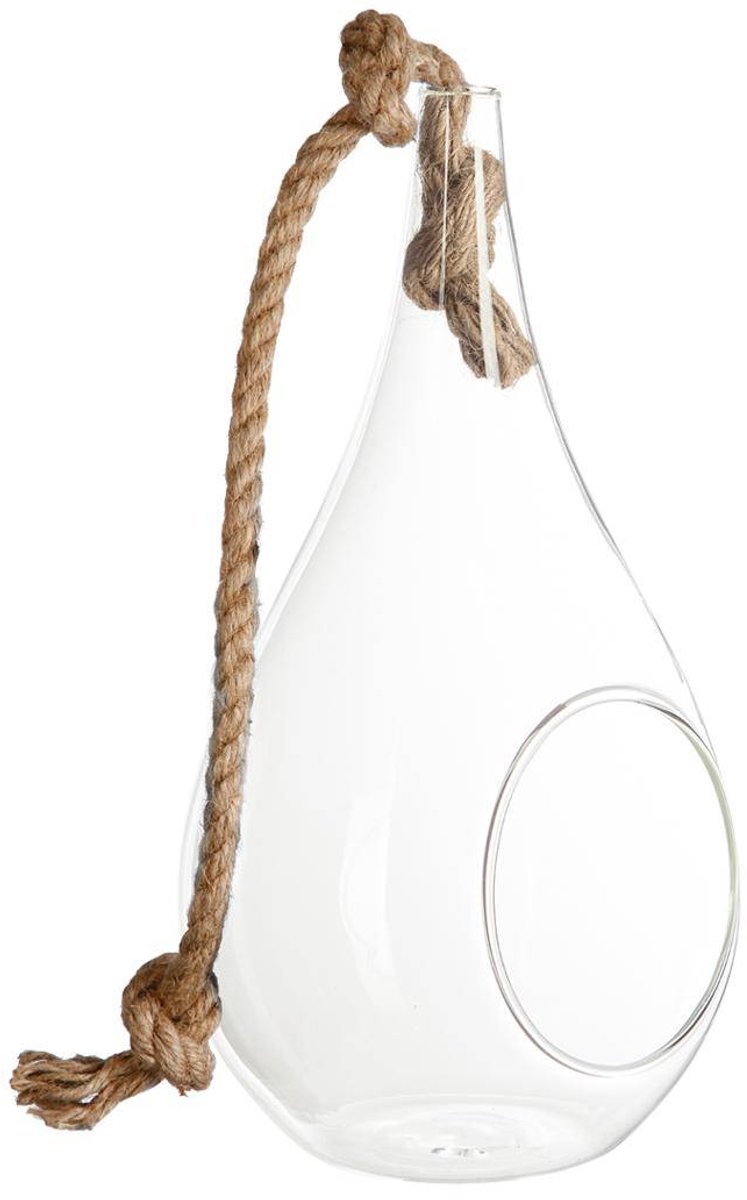 Hangende druppelvormige vaas van glas en jute DROPLET