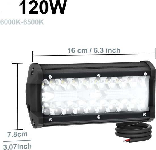 Een 120W, 16 cm / 6.3 inch lange zwarte LED-lichtbalk, 7.8cm / 3.07 inch hoog, met 3030 LED's en een kabel.