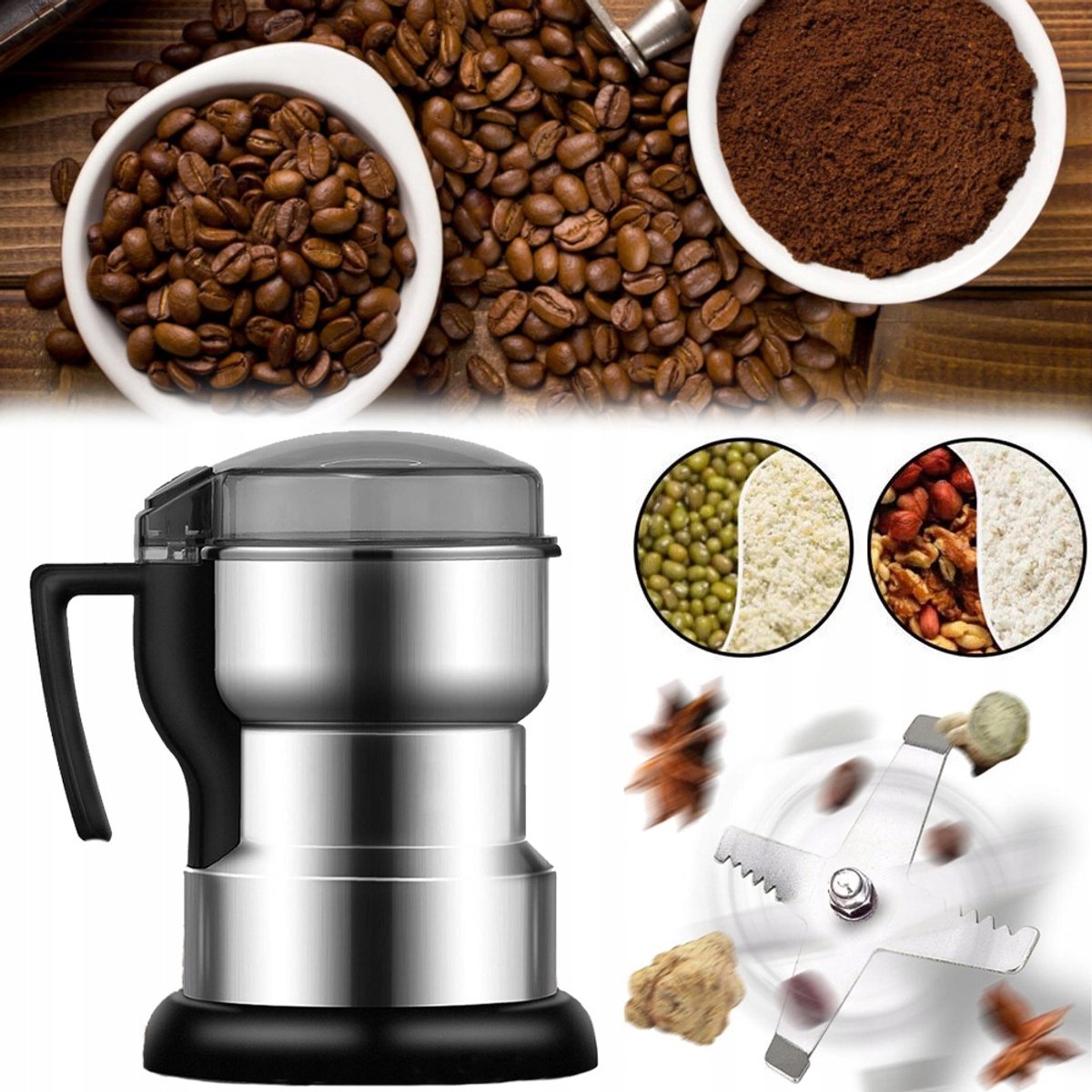 Koffiemolen Met Zes Messen Van Roestvrij Staal 150W - Automatische Stop Bij Openen Van Deksel Voedselveilig 304 Roestvrij Staal Stabiele Brede Voet - Snel Malen Van Kruiden Noten En Granen