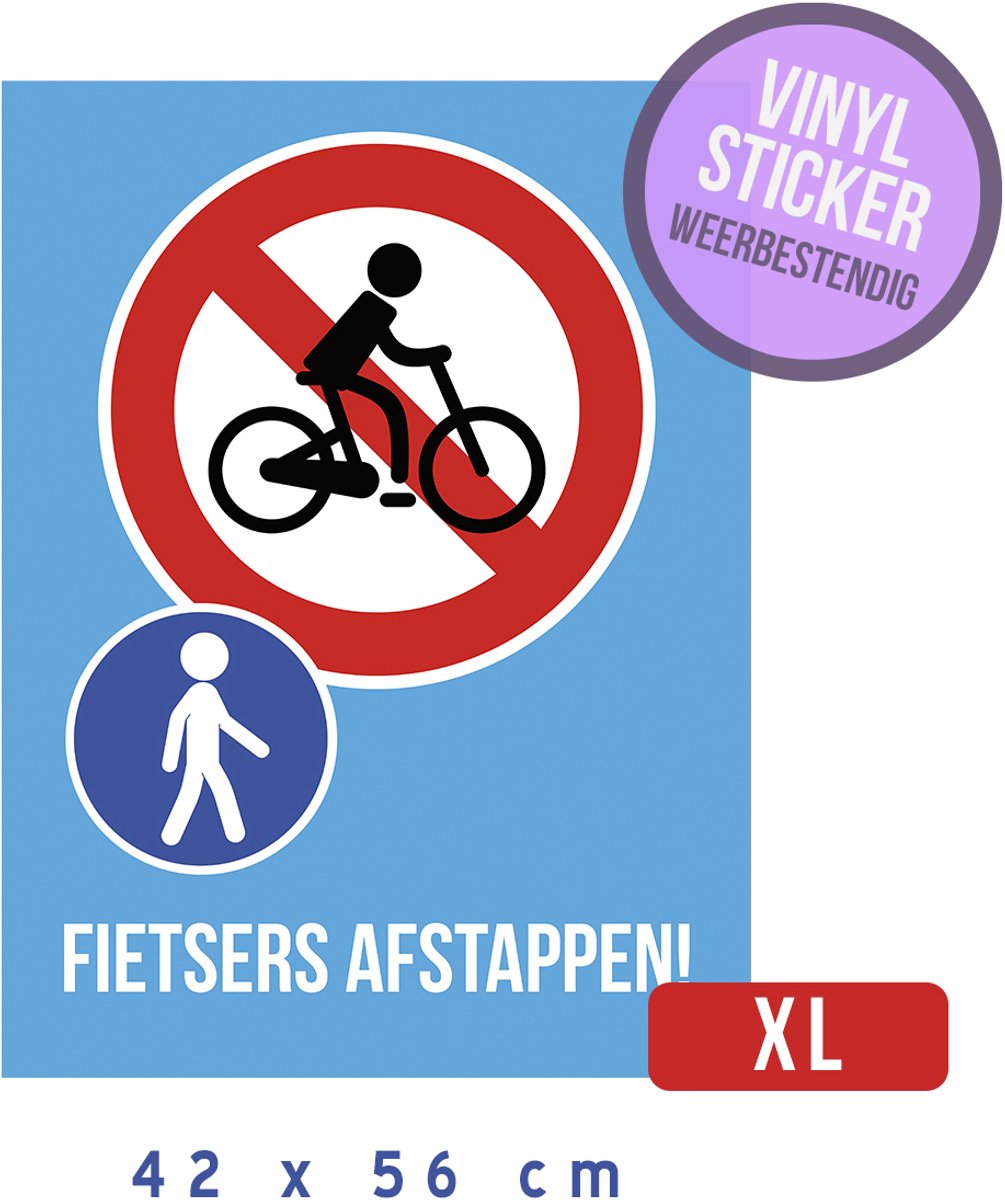 Pictogram/ vinyl sticker XL | "Fietsers afstappen" | 42 x 56 cm | Hoogwaardige zelfklever | Watervast | Voetgangers zone | Naast je fiets | Veiligheid | Blauw | Zelfklevend | 1 stuk