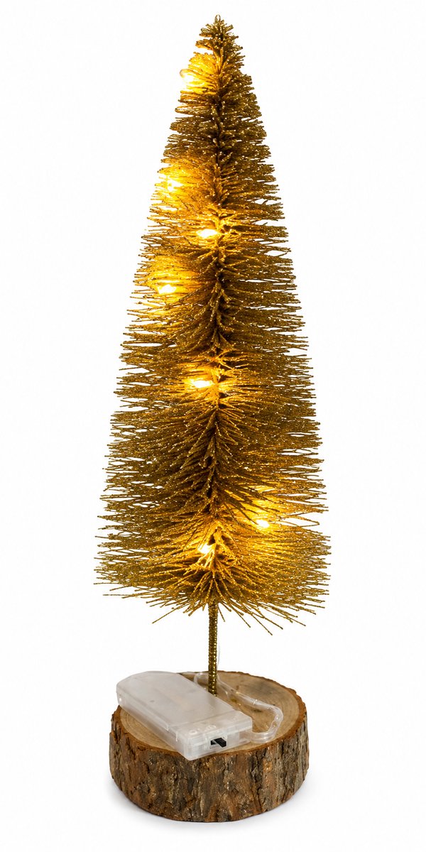 Mini Kerstboom met LED Verlichting – 25 cm Hoog – Kleine Tafelkerstboom met Sneeuw, Gouden Accenten en Houten Voet – Kerstdecoratie voor Tafel, Vensterbank en Kantoor