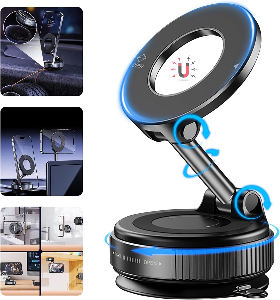 Opgewaardeerde magnetische telefoonhouder, 360° draaibare verstelbare en opvouwbare vacuümadsorptie autotelefoonhouder geluidsarm voor iPhone en Android voor auto/sportschool/spieg