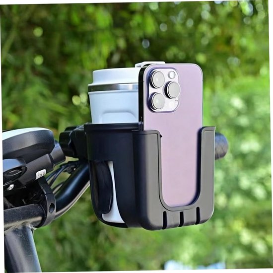Bekerhouder Fiets - 2-in-1 bekerhouder en telefoonhouder - Fleshouder fiets - Zwart - 10 cm hoog - voor fiets, wandelwagen, rollator en scooter — afbeelding 3