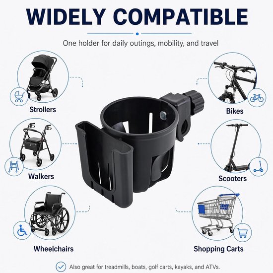 Bekerhouder Fiets - 2-in-1 bekerhouder en telefoonhouder - Fleshouder fiets - Zwart - 10 cm hoog - voor fiets, wandelwagen, rollator en scooter — afbeelding 5