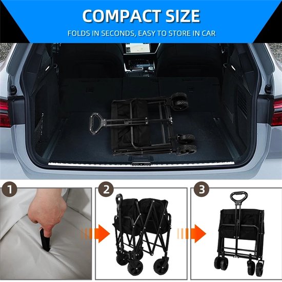 Bolderkar Opvouwbaar - Compacte Transportkar 73x49x36 cm - 150 kg Draagvermogen - Stevige Terreinwielen voor Gras, Zand en Bestrating - Inklapbare Handkar voor Camping, Strand en Tuin - Zwart van Bolderkar Opvouwbaar — afbeelding 5