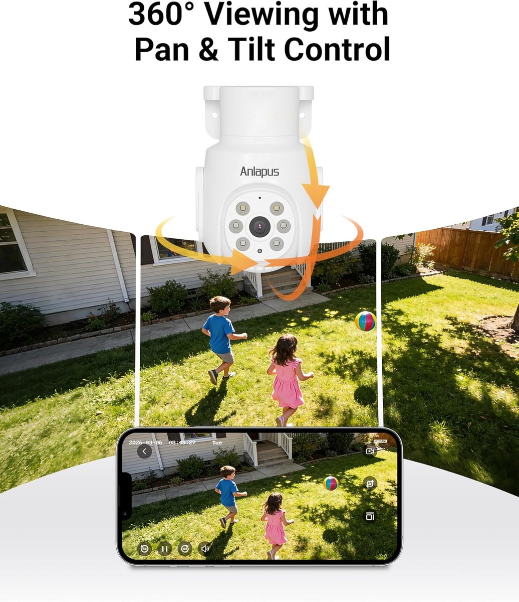 SnelShoppen - Anlapus 5MP 3K PTZ Bewakingscamera voor Buiten met Audio, Bewegingsdetectie, Nachtzicht, Waterdicht, 360 Graden Beweging, Ideaal voor Tu