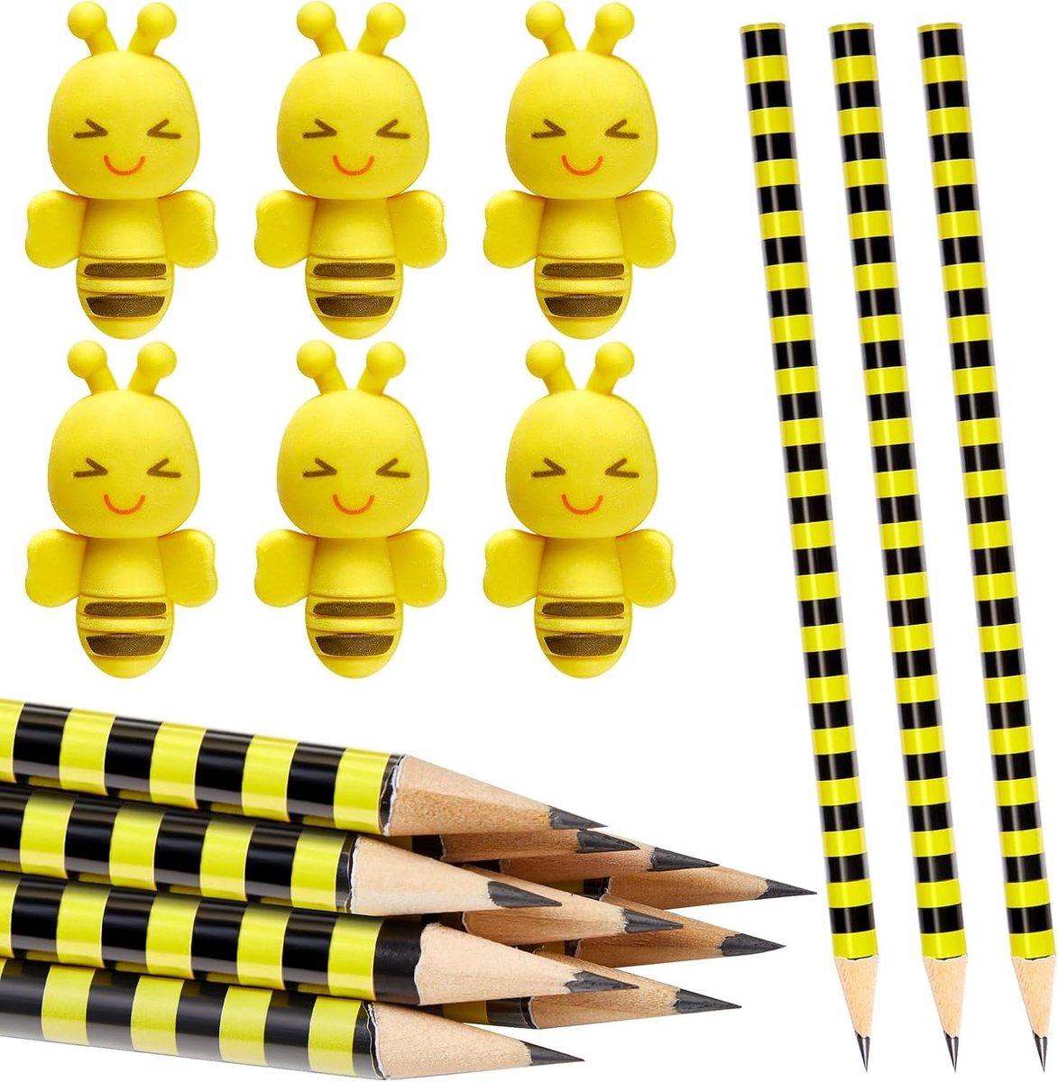 SnelShoppen - 12 Set Bijen Pencils en Schattige Bij Vormige Gum Multipack Kantoorbenodigdheden voor Studenten, Leerkrachten, Feestjes, Klaskado's 2026