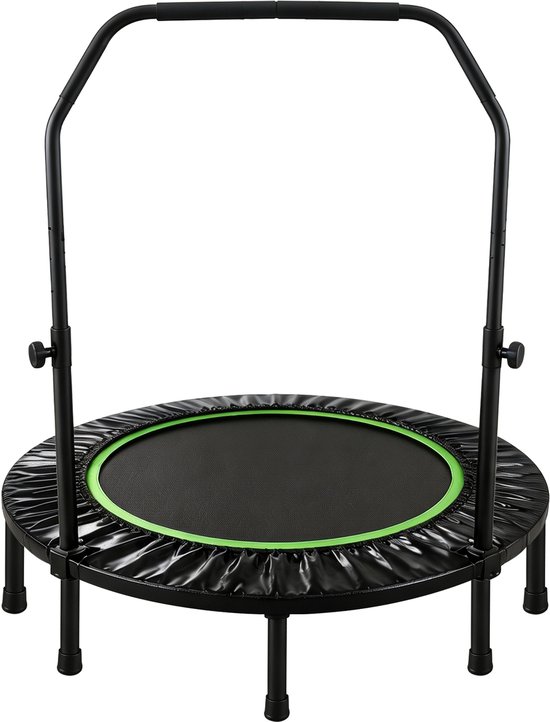 Zwart fitness trampoline met groene rand, staand op zes poten, met een verstelbare beugel.