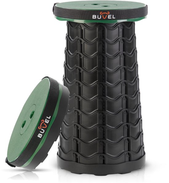 Zwarte, compacte telescopische kruk met groene deksel, naast de losse deksel.