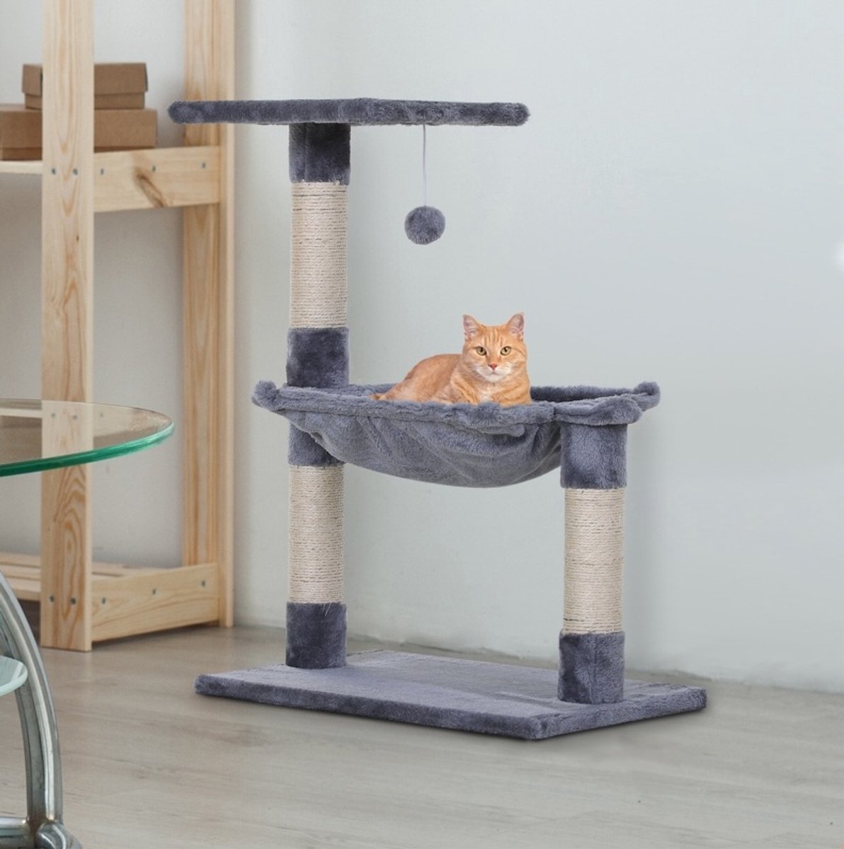 REDOM - Krabmeubel - Krabpaal met hangmat en platform - Sisal krabpalen - Pluche bekleding - Inclusief speeltje - 50 x 36 x 70 cm