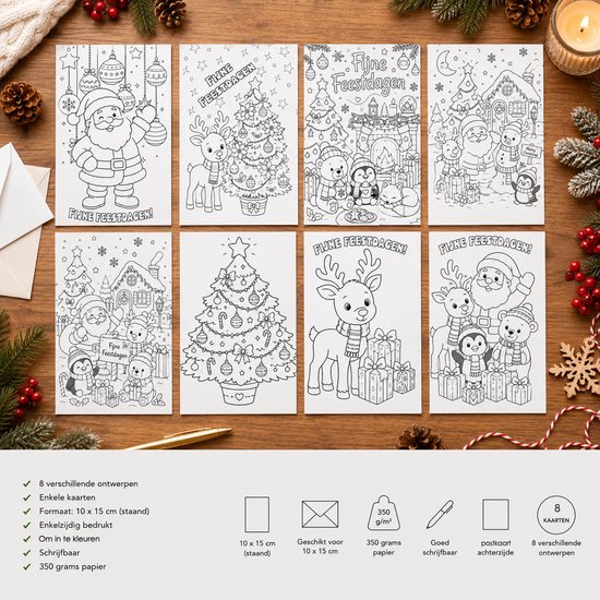 Acht ansichtkaarten met kerstafbeeldingen om in te kleuren. Ontwerpen met kerstman, rendier, pinguïns en kerstboom.