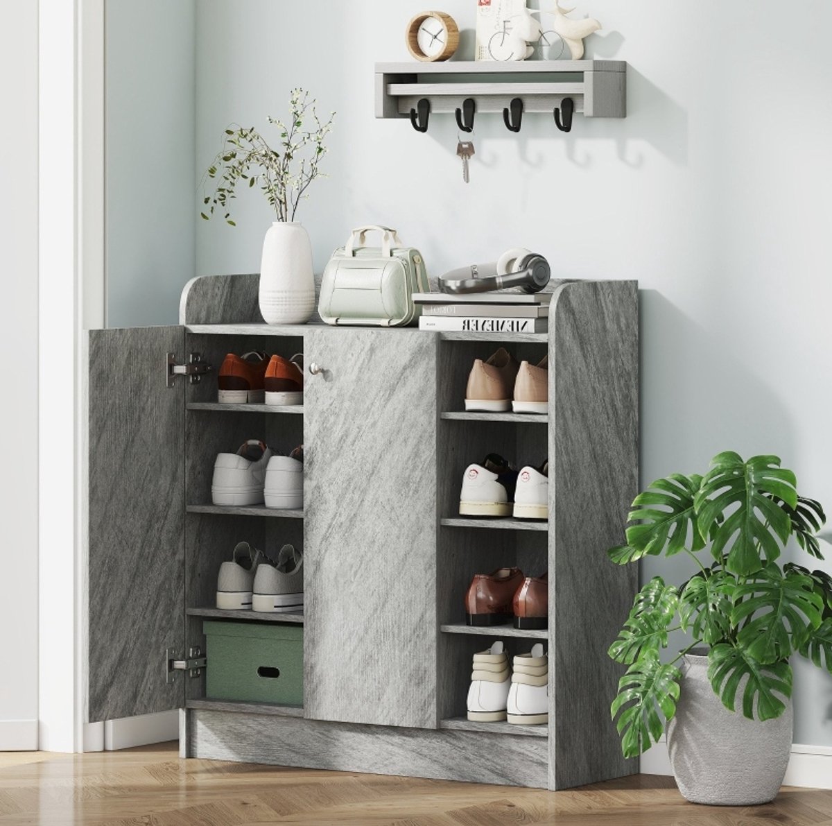 FloraGrace Schoenenkast - Ruimte Voor 12 Paar Schoenen Met 2 Deuren En 4 Open Vakken - Voor Hal Of Entree - Houtlook Grijs - 83x30x90 Cm