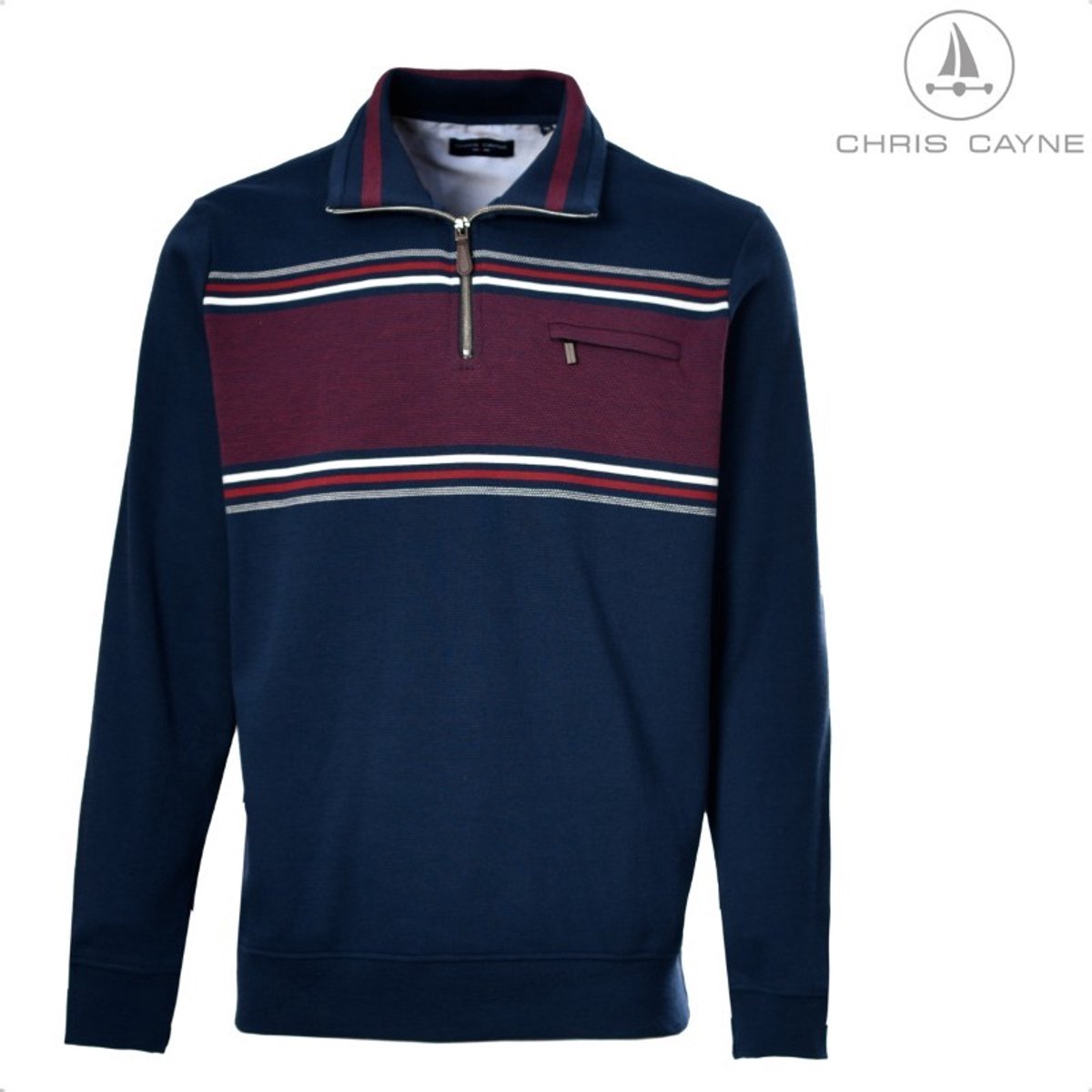 Trui 3073 blauw/rood streep korte rits Chris Cayne - maat M