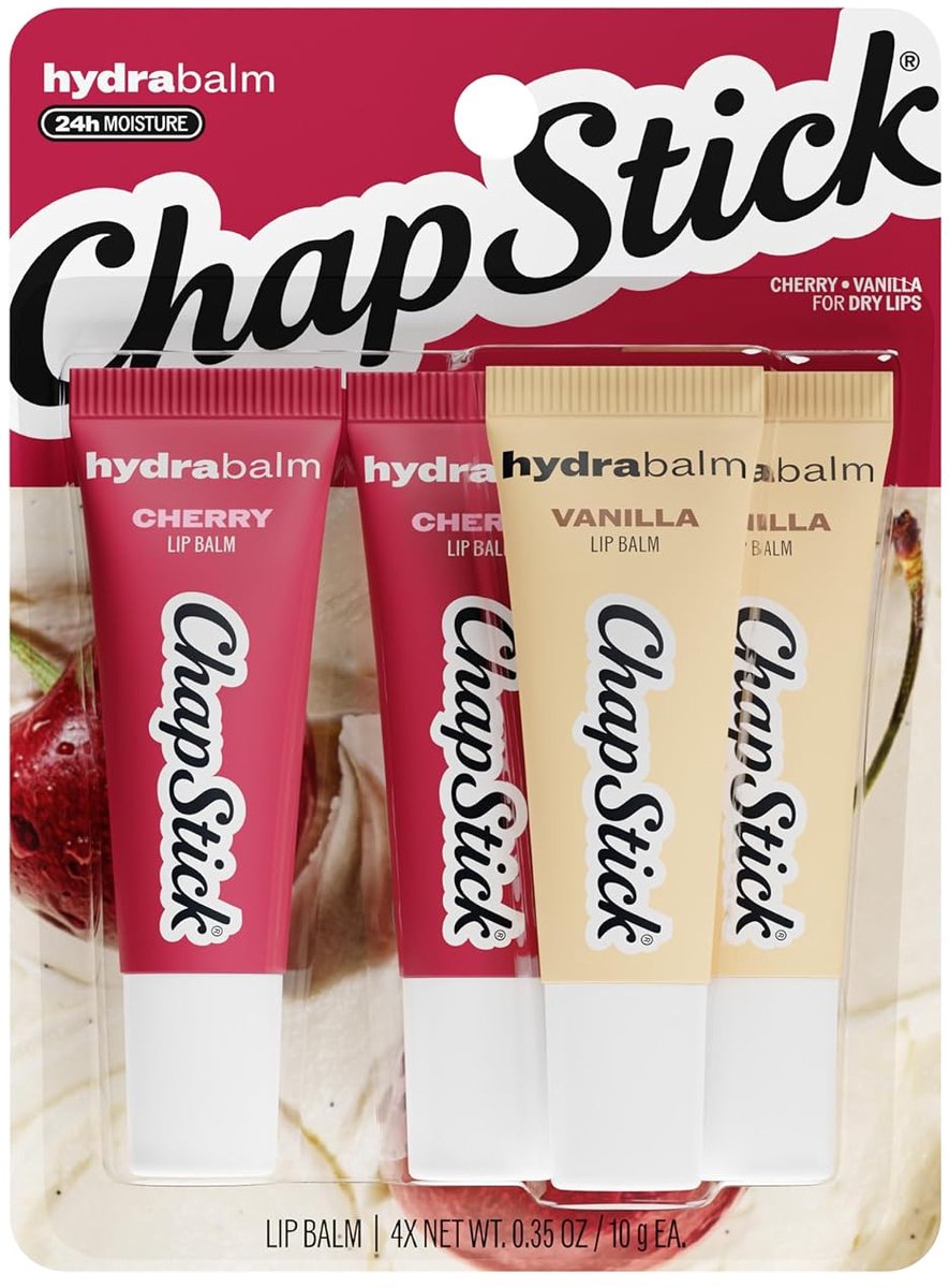 ChapStick HydraBalm lippenbalsem met smaak (kers & vanille), met jojoba-olie & sheaboter, 24 uur hydratatie, voor droge lippen, verpakking van 4 stuks
