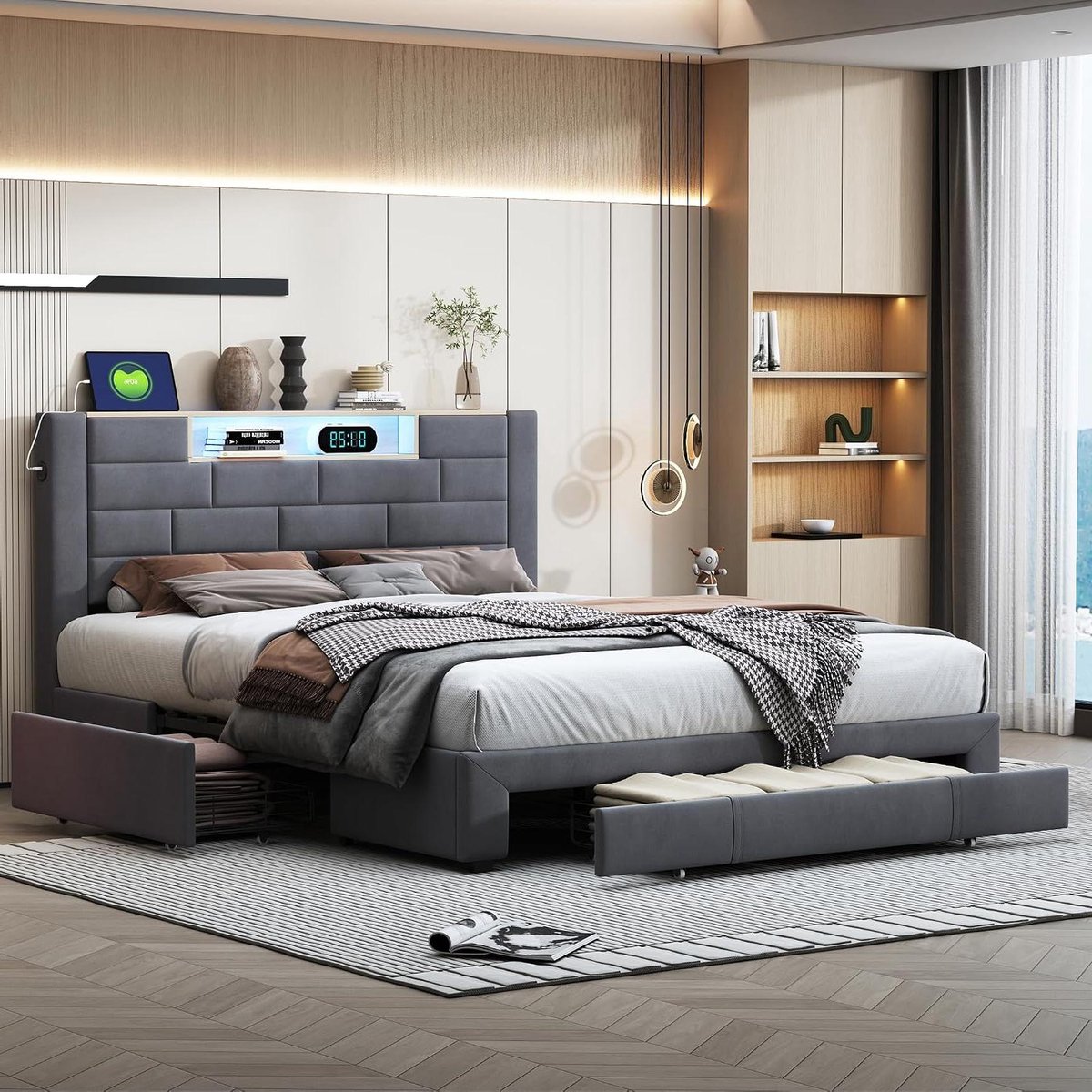 Tweepersoonsbed - Bedframe met laden - Slaapkamer organiseren - Ingebouwde USB en LED - 140x200 cm - Donkergrijs