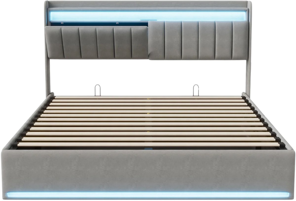 Happiq Grijs Gestoffeerd Bed 140x190 cm met LED Verlichting – Tweepersoonsbed met Hoofdbord en Lattenbodem