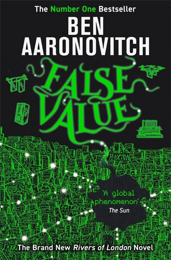Boekomslag 'False Value' van Ben Aaronovitch in groen, met een skyline.