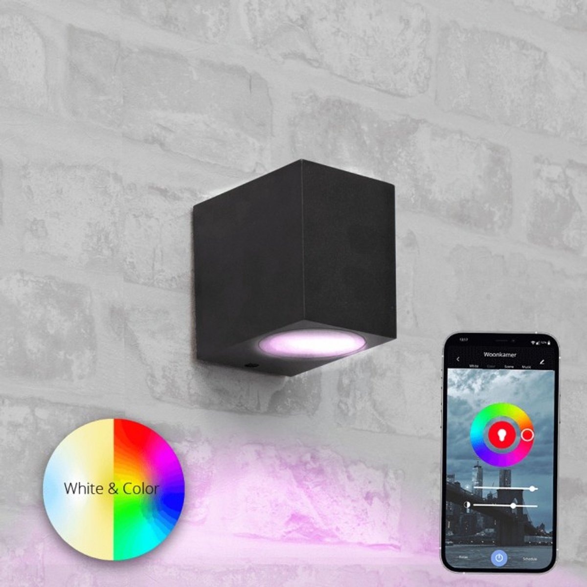 Zwarte wandlamp voor buiten met slimme Milight GU10 spot - Recht