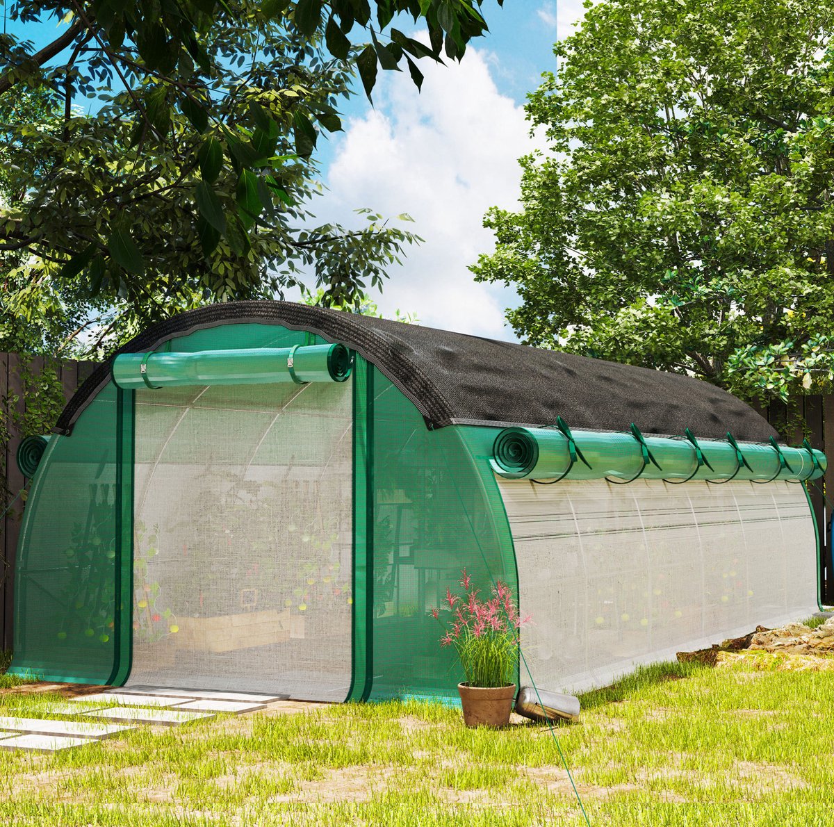 REDOM - Kas - Tunnelkas met zonnedoek - Oprolbare deur en zijwanden - 12 vensters - Voor tuin en groenteteelt - Kunststof en gegalvaniseerd staal - Groen - 600 x 300 x 198 cm
