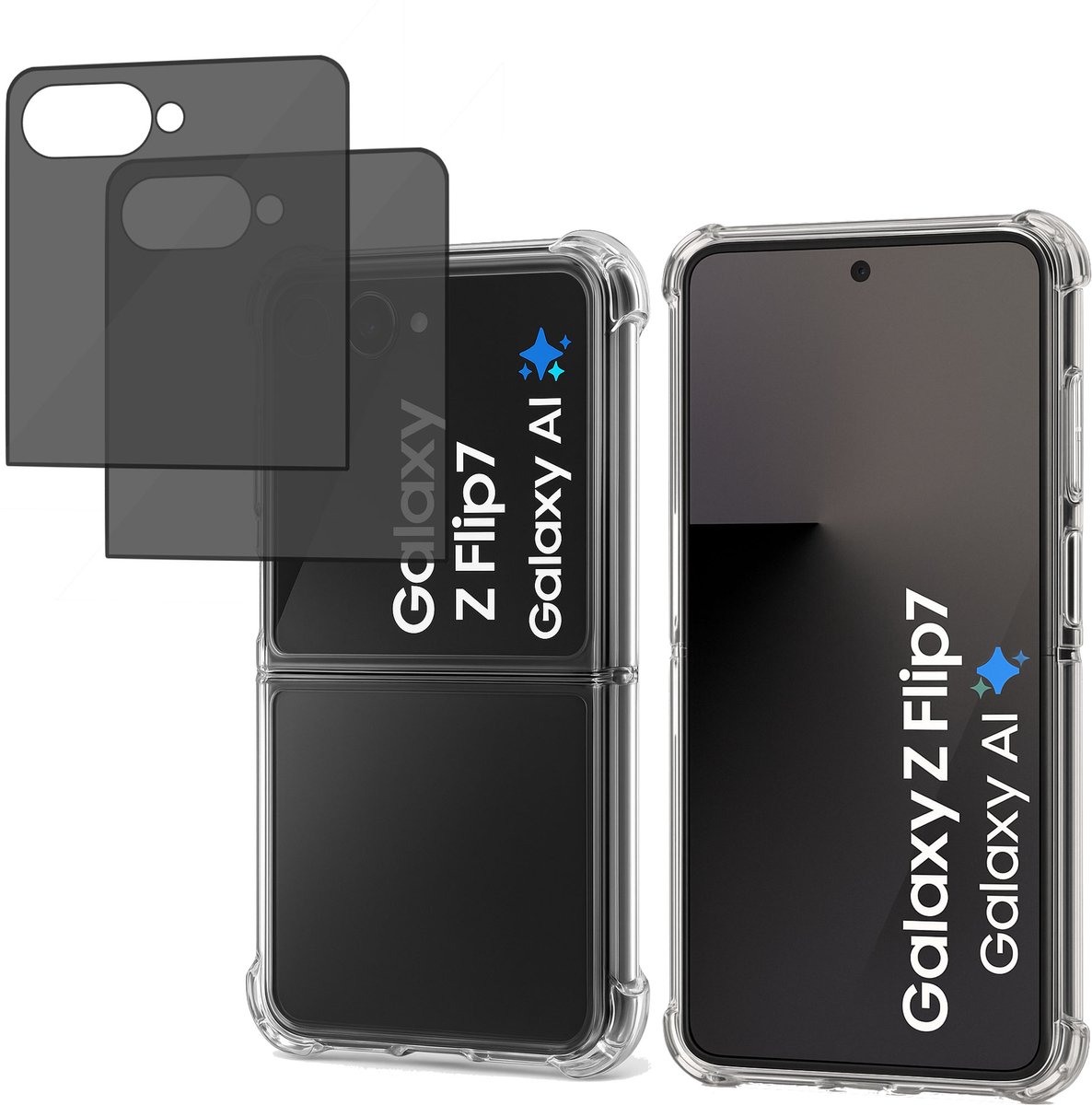 2x Hoesje met Privacy screenprotector geschikt voor Samsung Galaxy Z Flip 8 - Luchtkussens - Siliconen Hoes - Gehard Glas - Transparant - geschikt voor Samsung Galaxy Z Flip 8