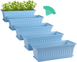 Set van 5 Rechthoekige Bloempotten met Tray en Label, 42.7 cm, Ideaal voor Vetplanten, Kruidens, en Bloemen in de Tuin of op het Vensterbank