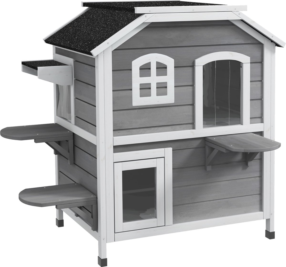 Kattenhuis - Voor buiten - Hok - Kooi - Bench - Ren - 2 verdieping - duurzaam - Grijs / Wit